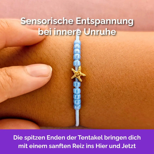 Fidget Armband in Gold Blau mit beweglichen Perlen für Erwachsene, ideal als Gummiband Skill bei innerer Unruhe zur sanften Stressbewältigung und Emotionsregulierung. Seestern