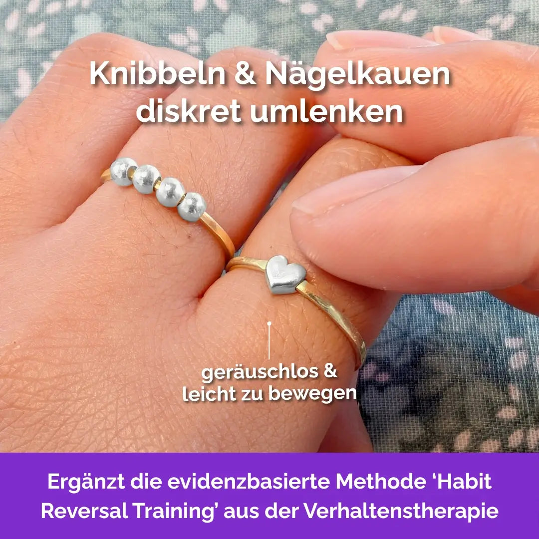 585 Gold Fidget Ring – drehbare Perlen als Skill gegen Nägelkauen, Skin Picking und unruhige Finger. Herz