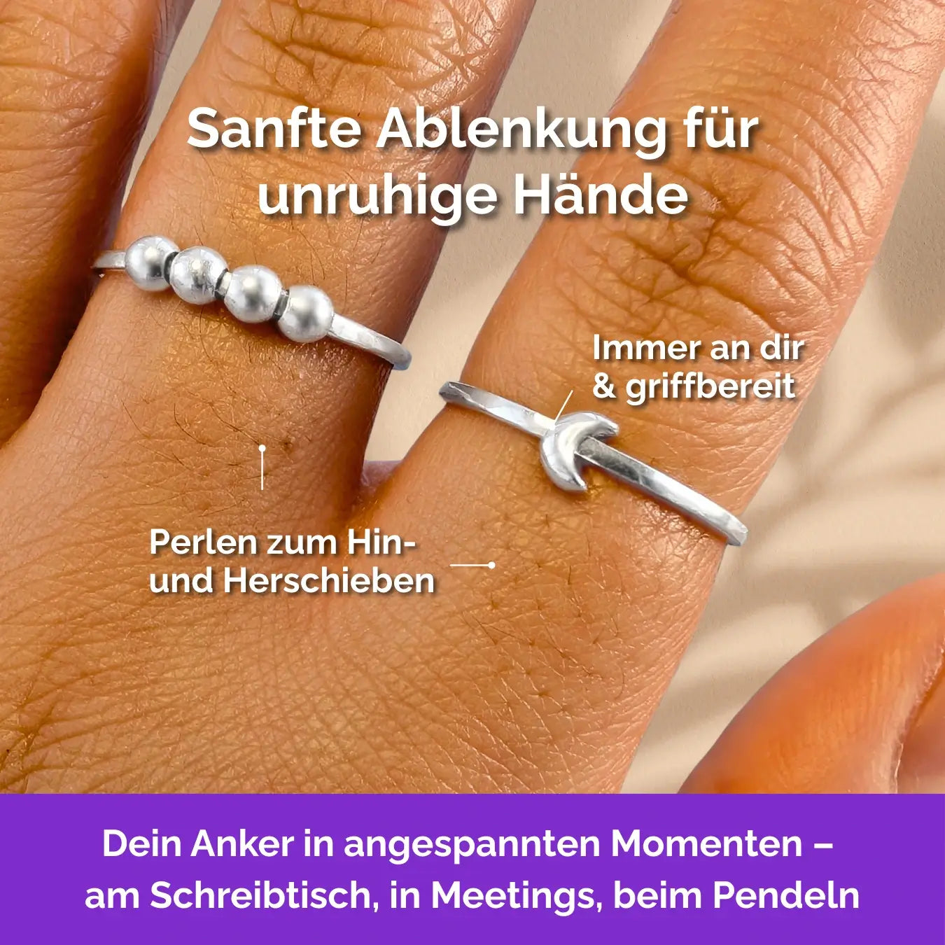 925 Silber Fidget Ring Mond – hochwertiger, unauffälliger Schmuck als Anker bei Nervosität und Stress.