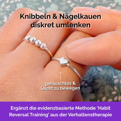925 Silber Fidget Ring Herz – drehbare Perlen als Skill gegen Nägelkauen, Skin Picking und unruhige Finger