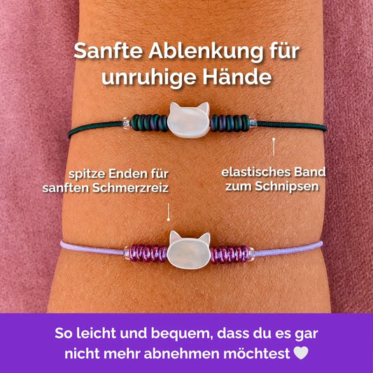 Katze Fidget Armband in Grün Lila mit beweglichen Perlen, ideal als Skill bei innerer Unruhe zur sanften Stressbewältigung und Emotionsregulierung