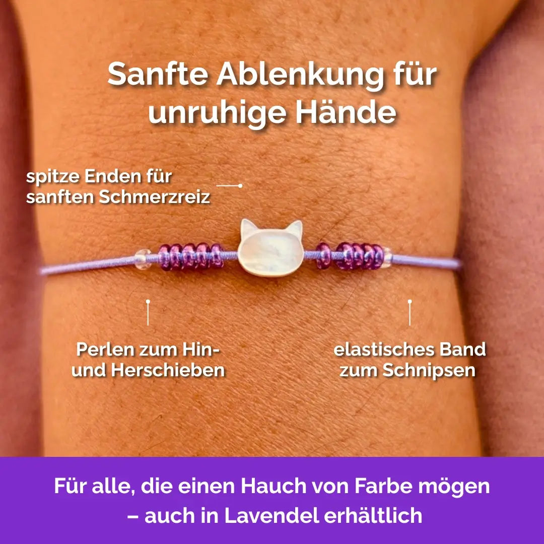 Katze Fidget Armband in Lavendel mit beweglichen Perlen, Akupressur, ideal als Skill bei innerer Unruhe zur sanften Stressbewältigung und Emotionsregulierung.