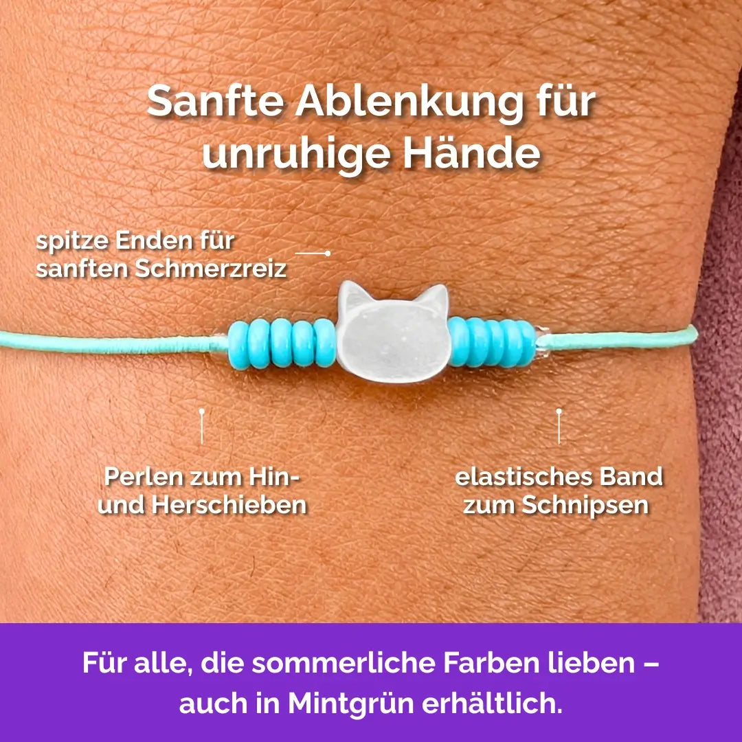 Katze Fidget Armband in Mintgrün mit beweglichen Perlen, Akupressur, ideal als Skill bei innerer Unruhe zur sanften Stressbewältigung und Emotionsregulierung.