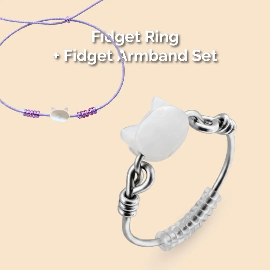 Katze Fidget Ring in Silber + Armband Lavendel – hochwertiger, unauffälliger Anti Stress Ring zur Stressbewältigung und Emotionsregulation