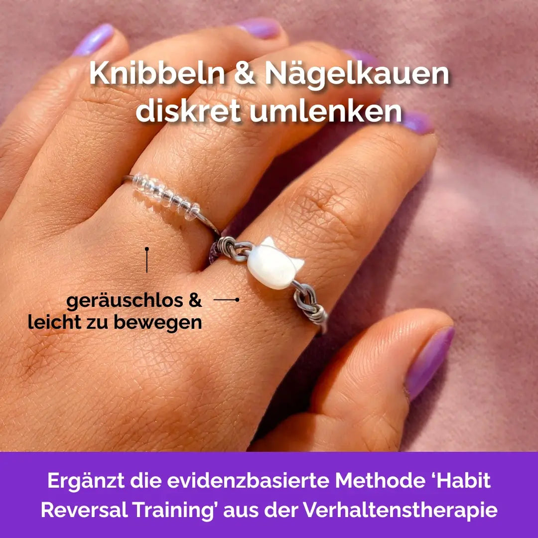 Katze Fidget Ring in Silber – drehbare Perlen als Skill gegen Nägelkauen, Skin Picking und unruhige Finger