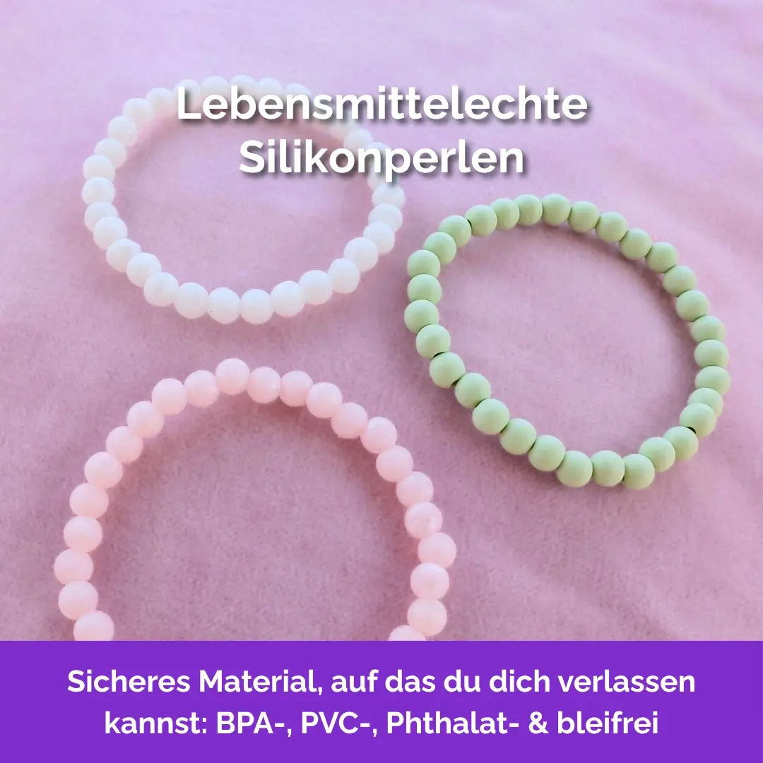 Kauarmband für Erwachsene, Beißkette in Weiß mit Silikonperlen, 100% BPA frei, lebensmittelecht