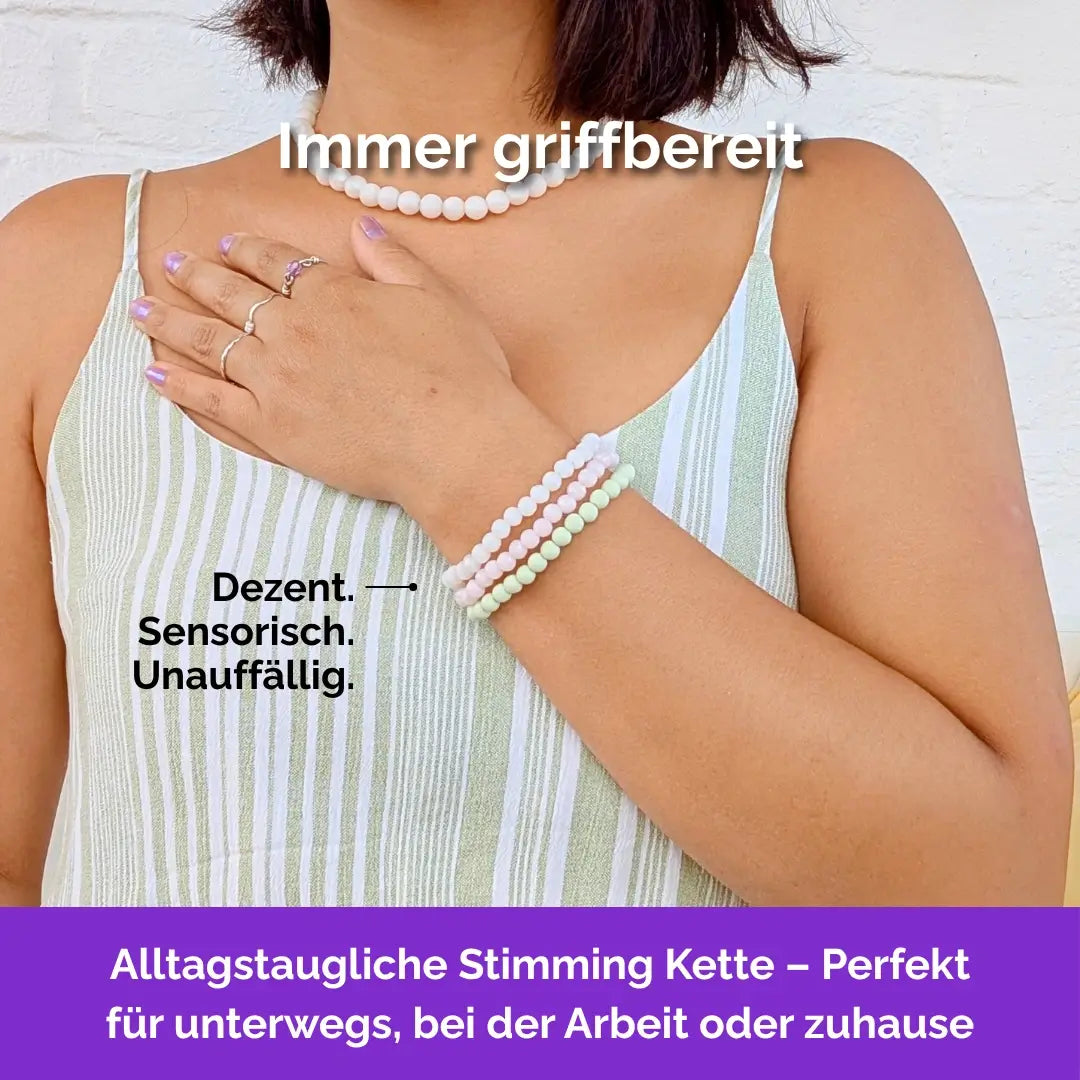 Kauarmband für Erwachsene, Beißkette in Weiß, Rosa, Hellgrün mit Silikonperlen, unauffällig, alltagstauglich