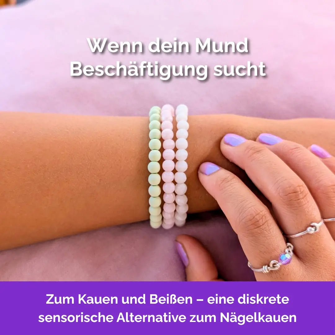 Kauarmband für Erwachsene, Beißkette in Weiß mit Silikonperlen, sensorisch, Stimming Kette