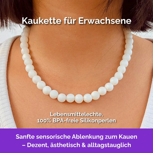 Kaukette für Erwachsene, Beißkette in Weiß mit Silikonperlen, ideal als Skill bei innerer Unruhe zur sanften Stressbewältigung und Emotionsregulierung