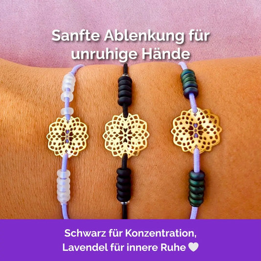 Fidget Armband Goldfarben Dahlia mit beweglichen Perlen, Akupressur, ideal als Skill bei innerer Unruhe zur sanften Stressbewältigung und Emotionsregulierung.