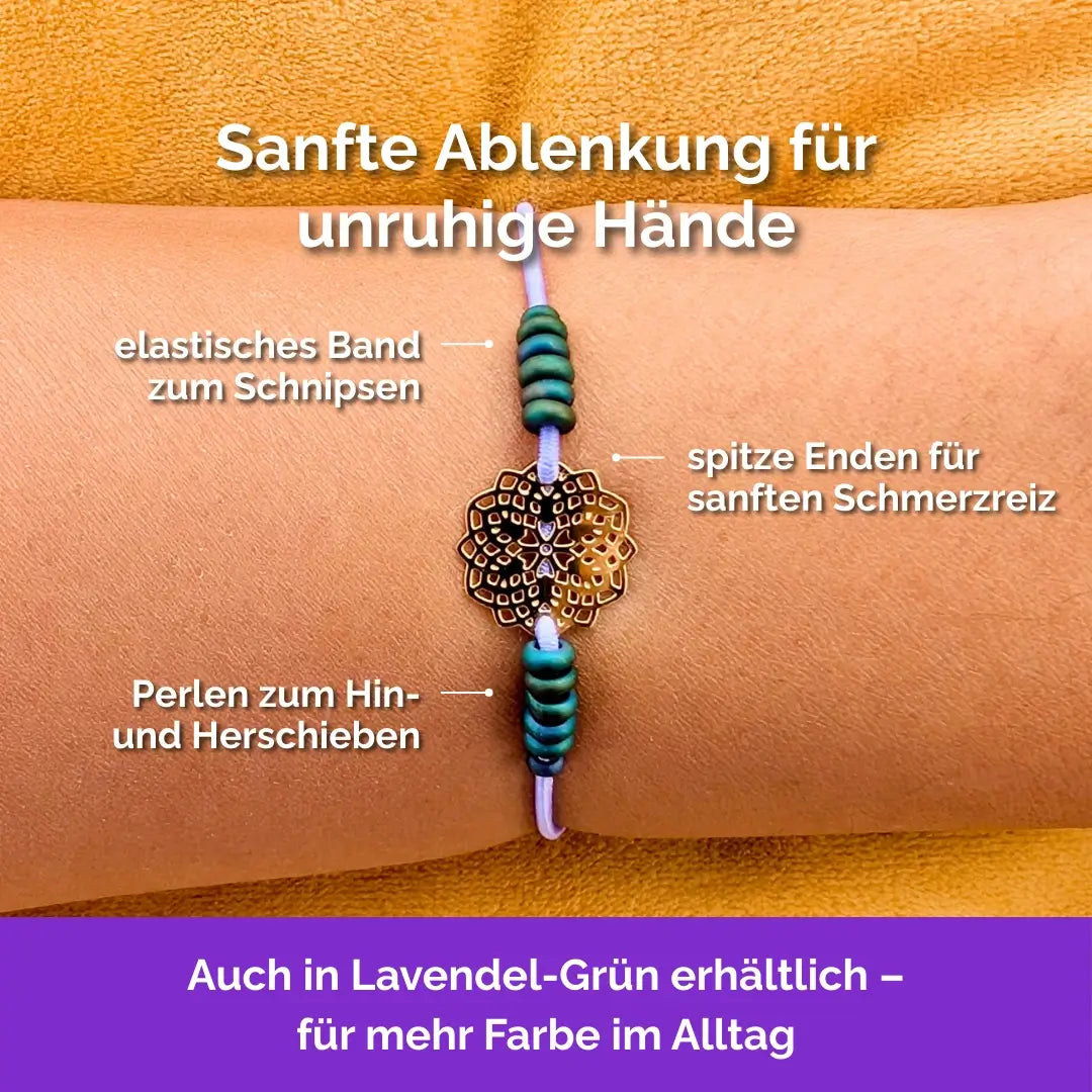 Blume Fidget Armband in Gold Grün mit beweglichen Perlen, ideal als Skill bei innerer Unruhe zur sanften Stressbewältigung und Emotionsregulierung