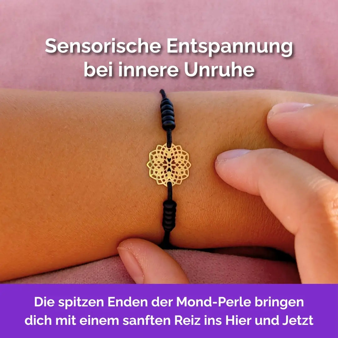 Blume Fidget Armband in Gold Schwarz mit beweglichen Perlen für Erwachsene, ideal als Gummiband Skill bei innerer Unruhe zur sanften Stressbewältigung und Emotionsregulierung.