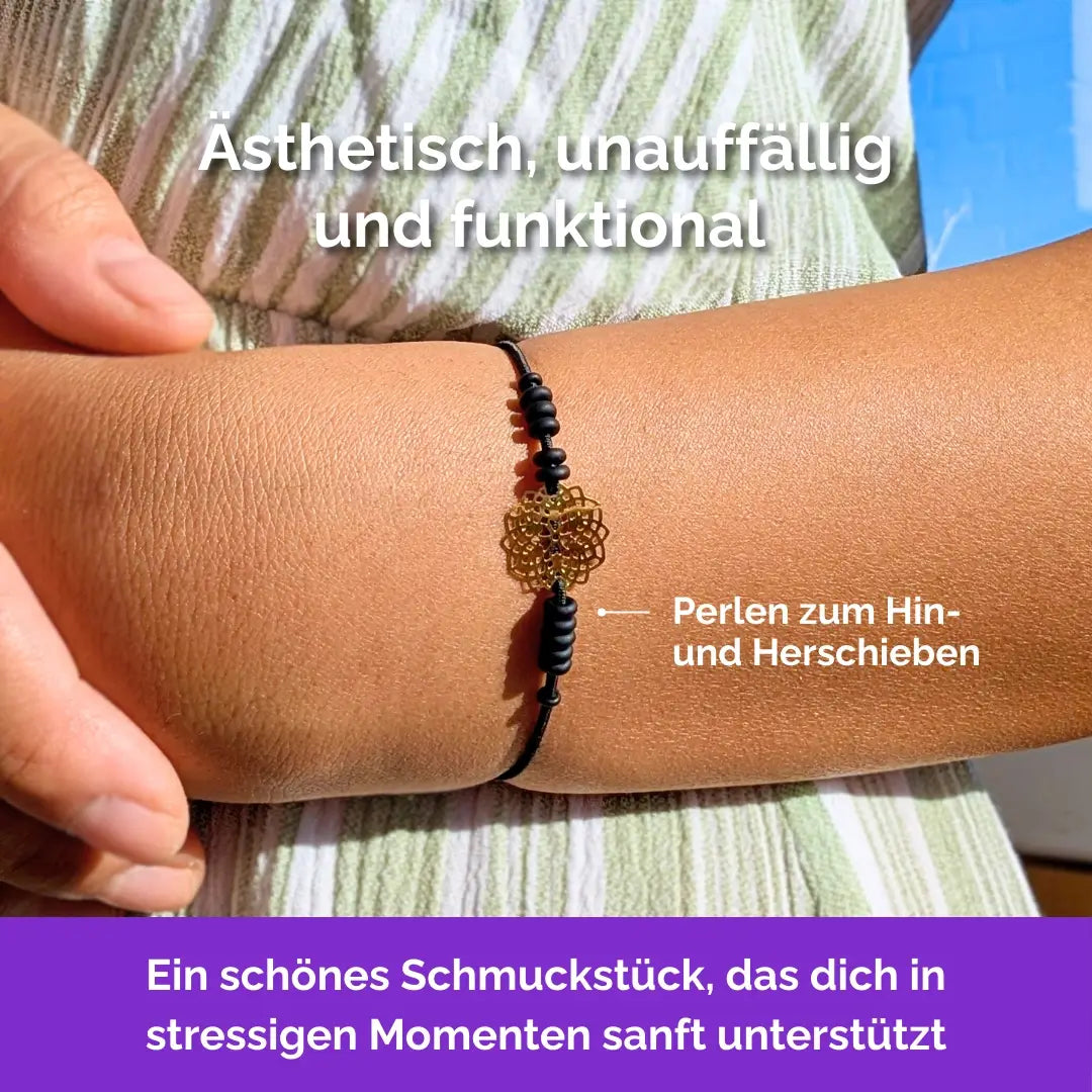 Blume Fidget Armband in Gold Schwarz mit beweglichen Perlen für Erwachsene, ideal als Gummiband Skill bei innerer Unruhe zur sanften Stressbewältigung und Emotionsregulierung. Minimal