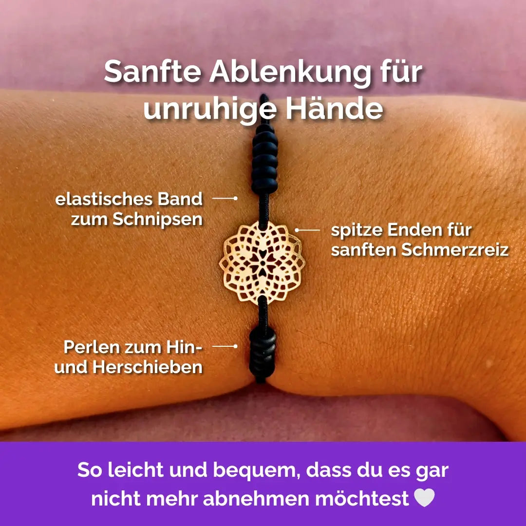 Blume Fidget Armband in Gold Grün mit beweglichen Perlen, Akupressur, ideal als Skill bei innerer Unruhe zur sanften Stressbewältigung und Emotionsregulierung.