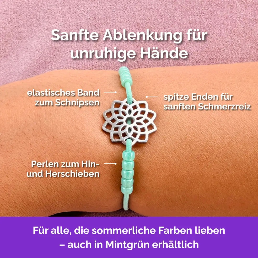 Blume Fidget Armband in Grün mit beweglichen Perlen für Erwachsene, ideal als Skill bei innerer Unruhe zur sanften Stressbewältigung und Emotionsregulierung.