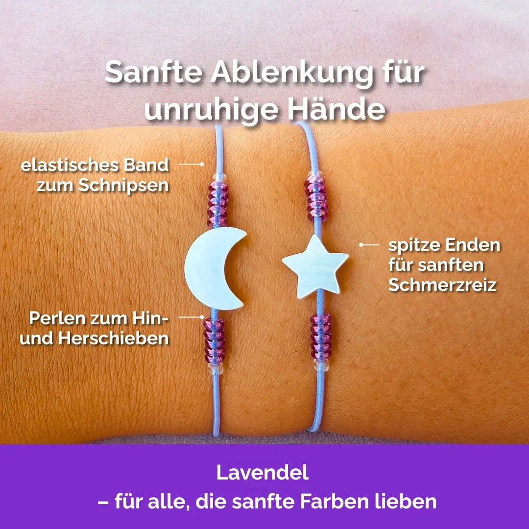 Fidget Armband Mond Stern 2er-Set in lavendel mit beweglichen Perlen, ideal als Skill bei innerer Unruhe zur sanften Stressbewältigung und Emotionsregulierung