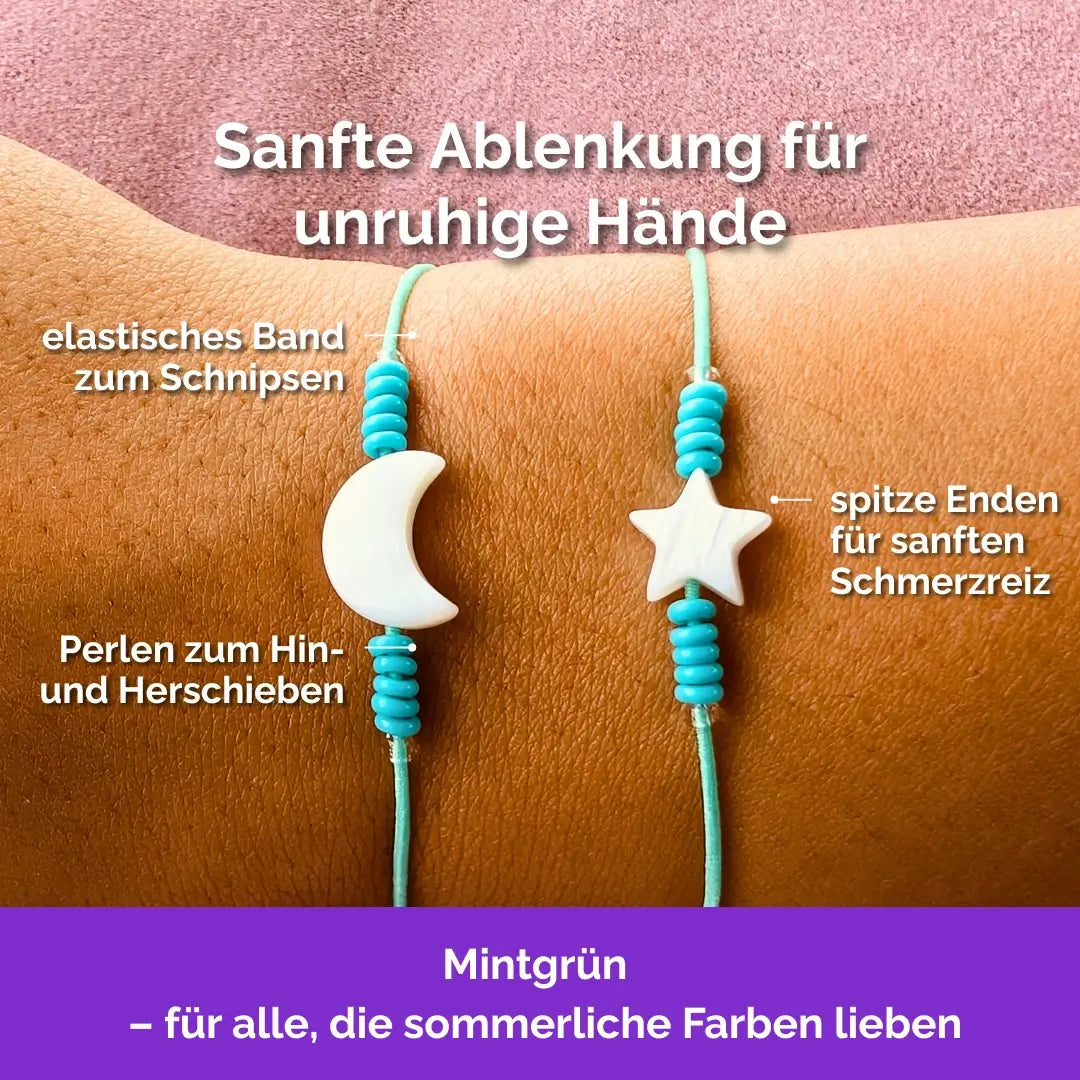 Fidget Armband in Mintgrün mit beweglichen Perlen, Akupressur, ideal als Skill bei innerer Unruhe zur sanften Stressbewältigung und Emotionsregulierung. Mond Stern