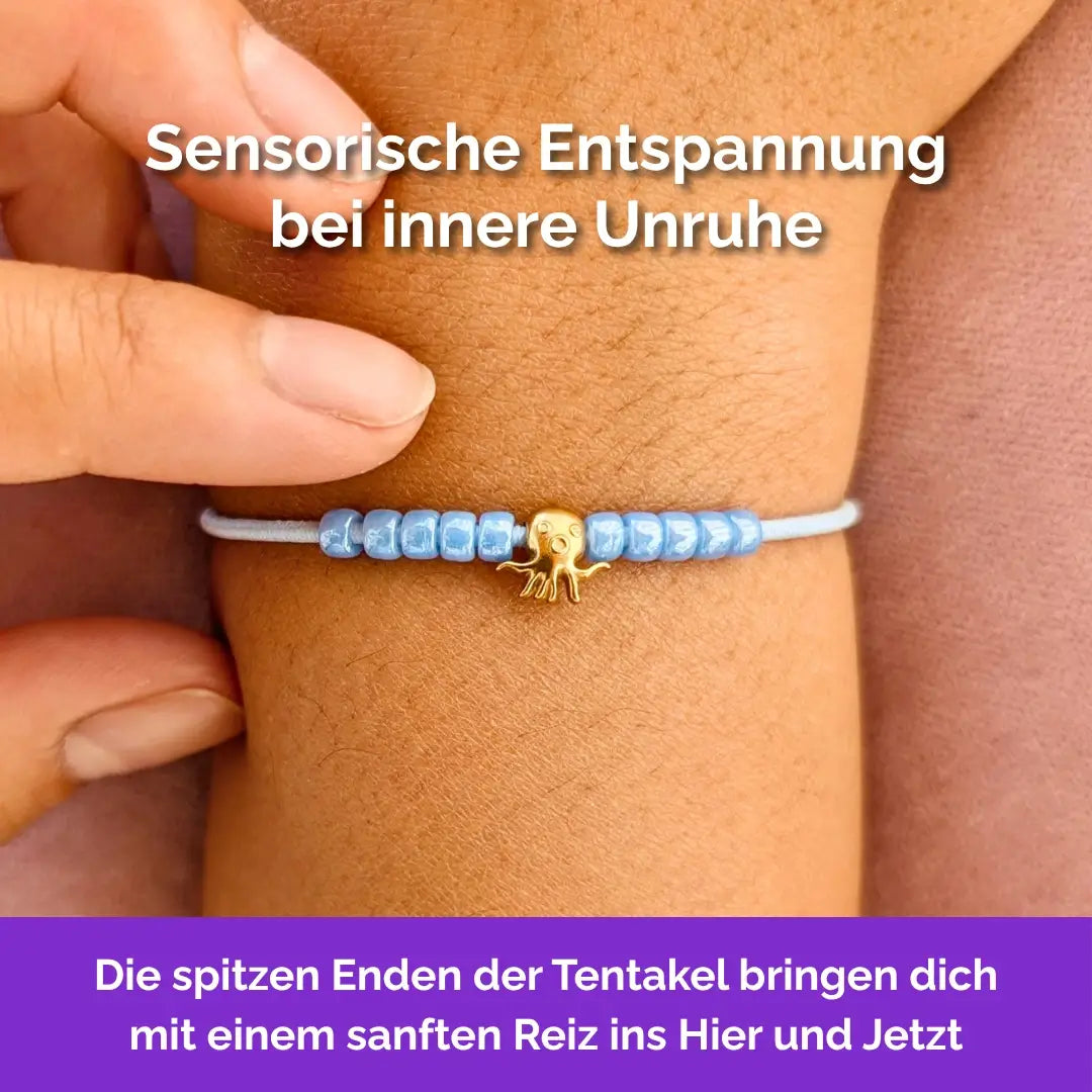 Fidget Armband in Gold Blau mit beweglichen Perlen für Erwachsene, ideal als Gummiband Skill bei innerer Unruhe zur sanften Stressbewältigung und Emotionsregulierung. Oktupus
