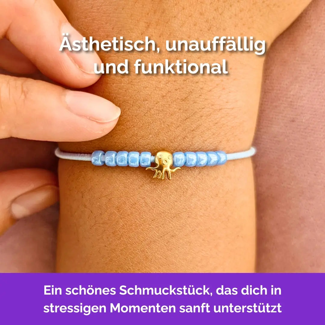 Fidget Armband in Gold Blau mit beweglichen Perlen für Erwachsene, ideal als Gummiband Skill bei innerer Unruhe zur sanften Stressbewältigung und Emotionsregulierung. Minimal Oktupus