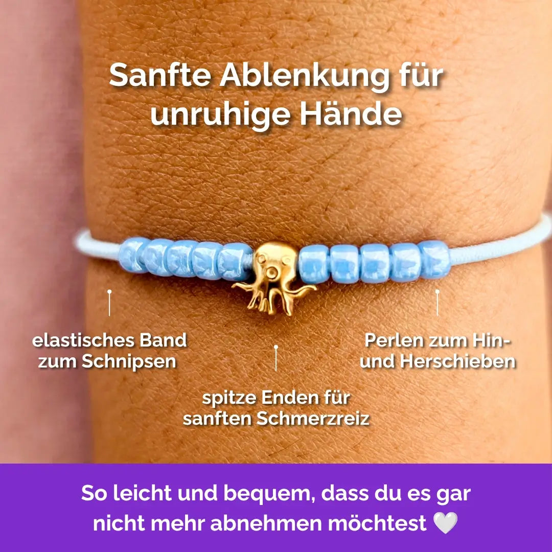 Fidget Armband in Gold Blau mit beweglichen Perlen, Akupressur, ideal als Skill bei innerer Unruhe zur sanften Stressbewältigung und Emotionsregulierung. Oktupus