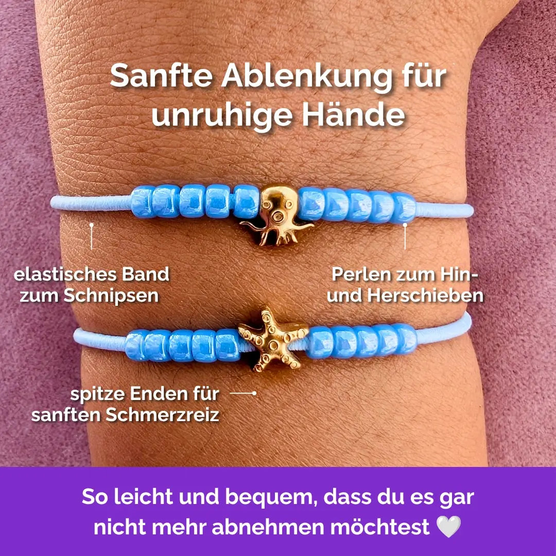 Fidget Armband in Gold Blau mit beweglichen Perlen, Akupressur, ideal als Skill bei innerer Unruhe zur sanften Stressbewältigung und Emotionsregulierung. Seestern Oktopus