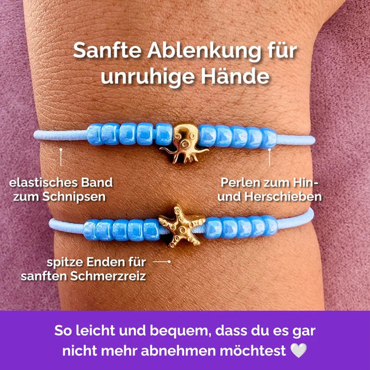 Fidget Armband in Gold Blau mit beweglichen Perlen, Akupressur, ideal als Skill bei innerer Unruhe zur sanften Stressbewältigung und Emotionsregulierung. Seestern Oktopus