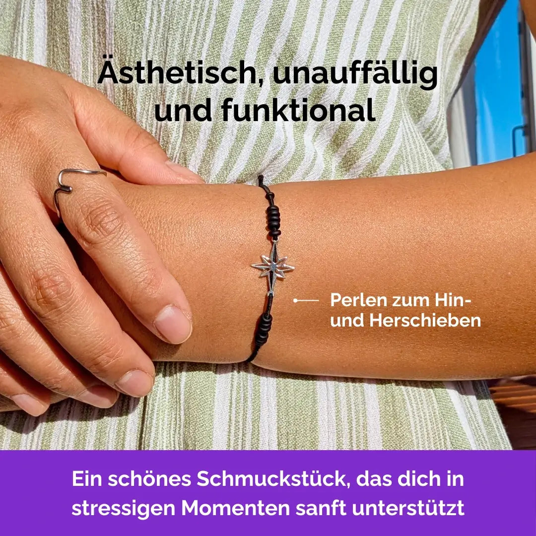 Stern Fidget Armband in 925 Silber Schwarz mit beweglichen Perlen für Erwachsene, ideal als Gummiband Skill bei innerer Unruhe zur sanften Stressbewältigung und Emotionsregulierung. Minimal
