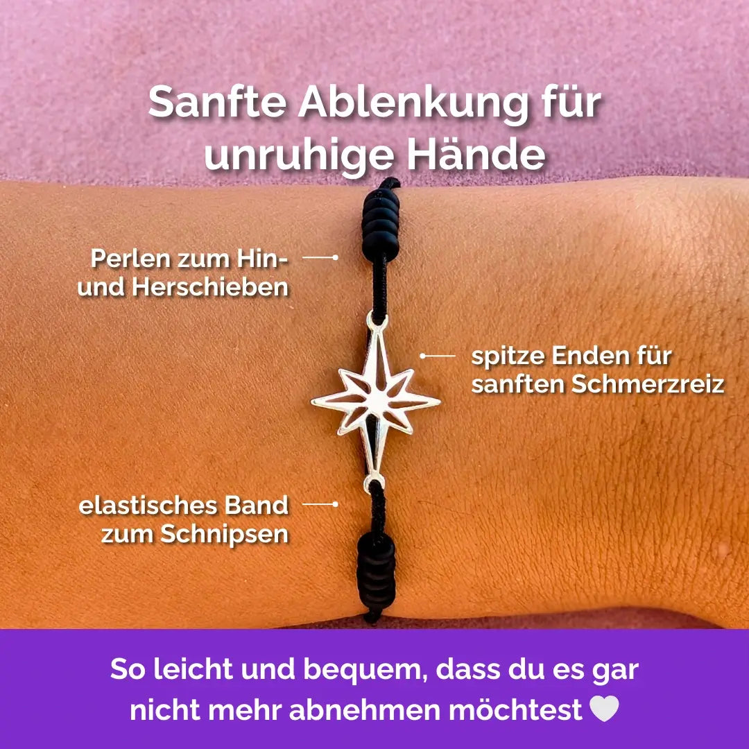 Stern Fidget Armband in 925 Silber Schwarz mit beweglichen Perlen, Akupressur, ideal als Skill bei innerer Unruhe zur sanften Stressbewältigung und Emotionsregulierung.