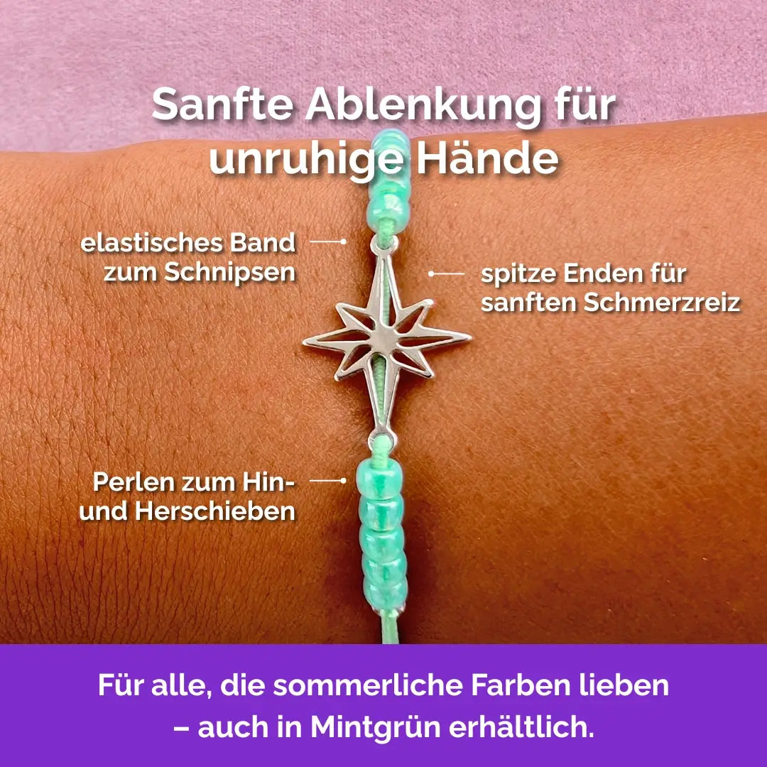 Stern Fidget Armband in 925 Silber Grün mit beweglichen Perlen für Erwachsene, ideal als Skill bei innerer Unruhe zur sanften Stressbewältigung und Emotionsregulierung.