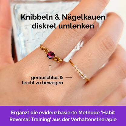 Fidget Ring goldfarben – drehbare Perlen als Skill gegen Nägelkauen, Skin Picking und unruhige Finger. Red Violet