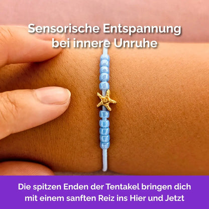 Fidget Armband in Gold Blau mit beweglichen Perlen für Erwachsene, ideal als Gummiband Skill bei innerer Unruhe zur sanften Stressbewältigung und Emotionsregulierung. Seestern