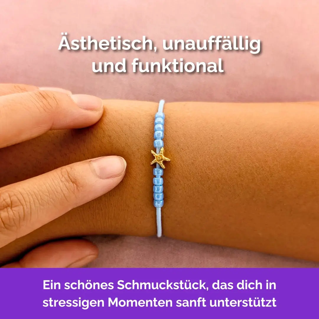 Fidget Armband in Gold Blau mit beweglichen Perlen für Erwachsene, ideal als Gummiband Skill bei innerer Unruhe zur sanften Stressbewältigung und Emotionsregulierung. Minimal Seestern