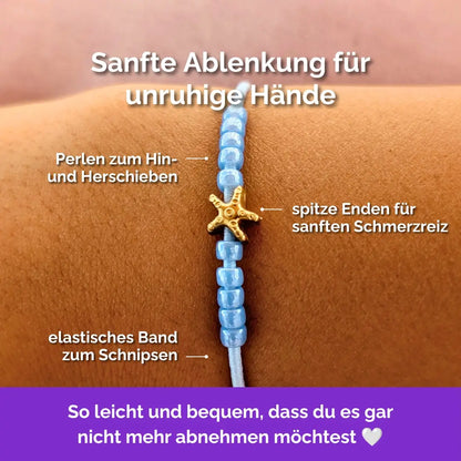 Fidget Armband in Gold Blau mit beweglichen Perlen, Akupressur, ideal als Skill bei innerer Unruhe zur sanften Stressbewältigung und Emotionsregulierung. Seestern