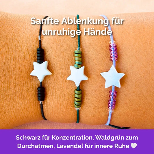Stern Fidget Armband 3er-Set in Schwarz, Grün, lavendel mit beweglichen Perlen, ideal als Skill bei innerer Unruhe zur sanften Stressbewältigung und Emotionsregulierung